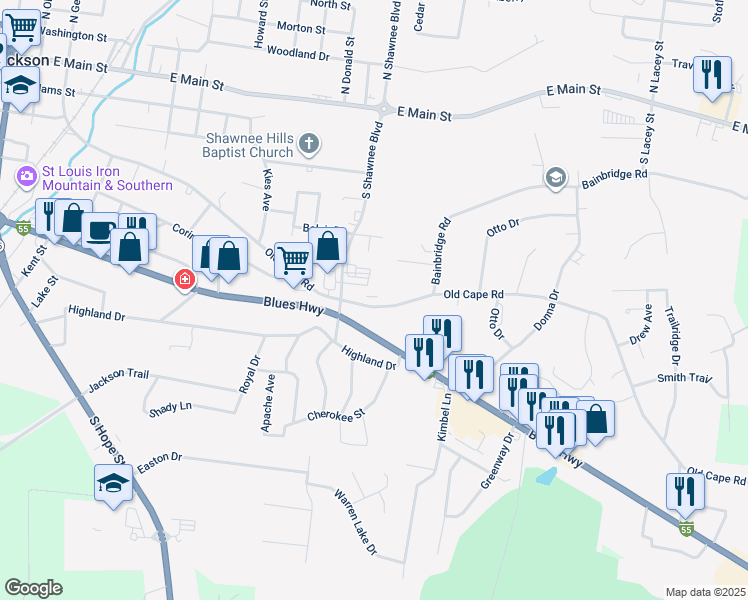 map of restaurants, bars, coffee shops, grocery stores, and more near 1514 Old Cape Road in Jackson