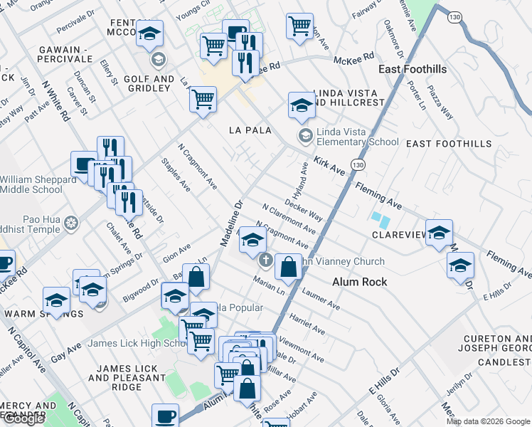 map of restaurants, bars, coffee shops, grocery stores, and more near 156 North Cragmont Avenue in San Jose