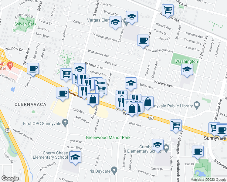 map of restaurants, bars, coffee shops, grocery stores, and more near 1085 West Olive Avenue in Sunnyvale