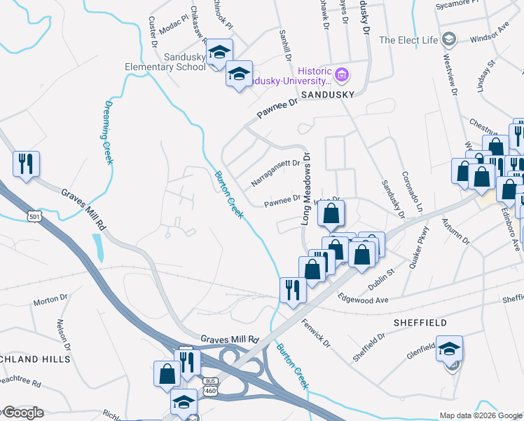 map of restaurants, bars, coffee shops, grocery stores, and more near 6326 Pawnee Drive in Lynchburg