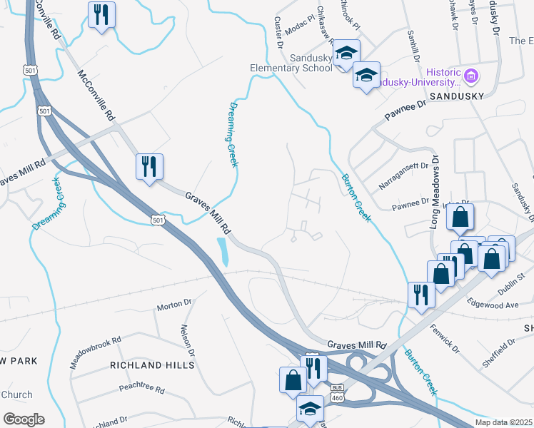 map of restaurants, bars, coffee shops, grocery stores, and more near 424 Graves Mill Road in Lynchburg