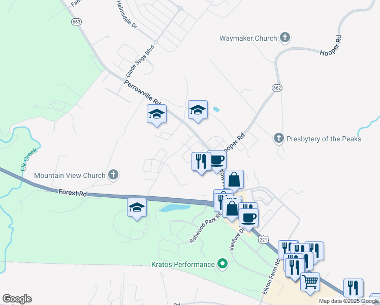 map of restaurants, bars, coffee shops, grocery stores, and more near 1360 Perrowville Road in Forest