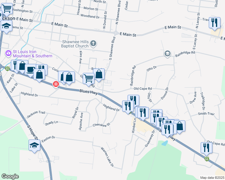 map of restaurants, bars, coffee shops, grocery stores, and more near 1514 Old Cape Road in Jackson