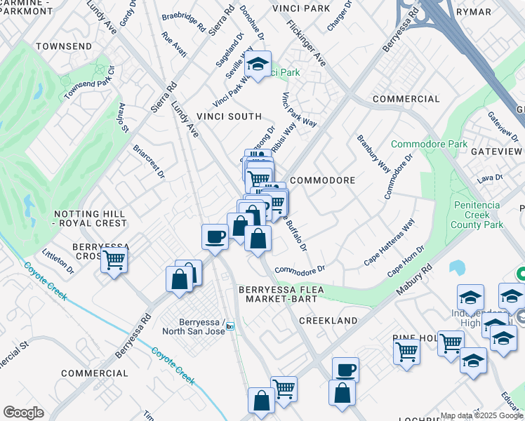 map of restaurants, bars, coffee shops, grocery stores, and more near 981 Cape Buffalo Drive in San Jose