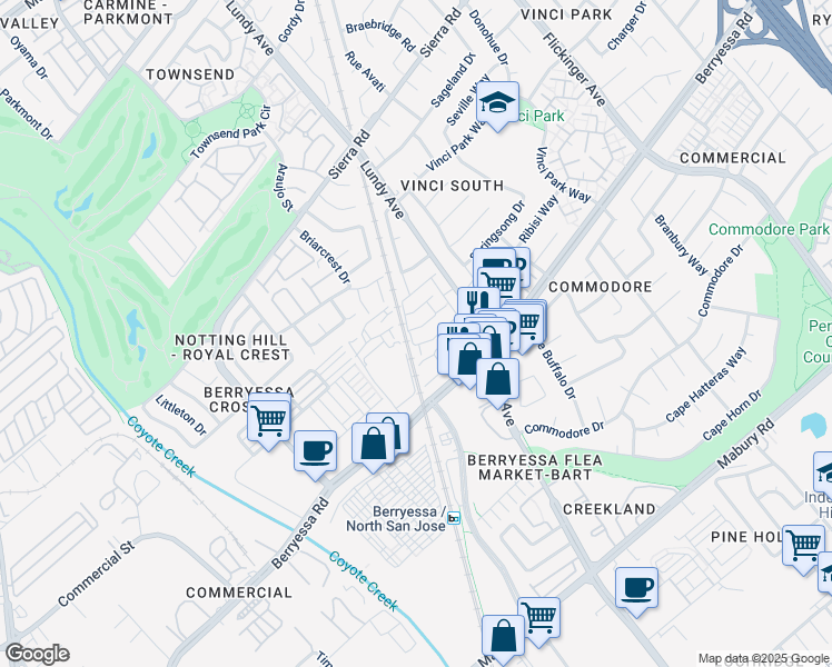 map of restaurants, bars, coffee shops, grocery stores, and more near 1700 Holin Street in San Jose