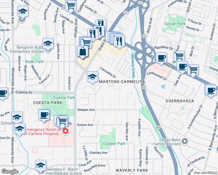 map of restaurants, bars, coffee shops, grocery stores, and more near 365 Martens Avenue in Mountain View