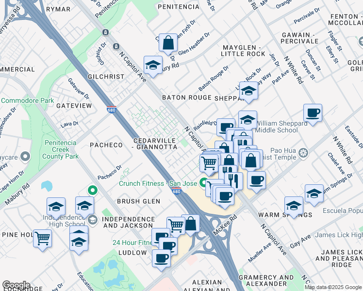 map of restaurants, bars, coffee shops, grocery stores, and more near 750 Fruit Ranch Loop in San Jose