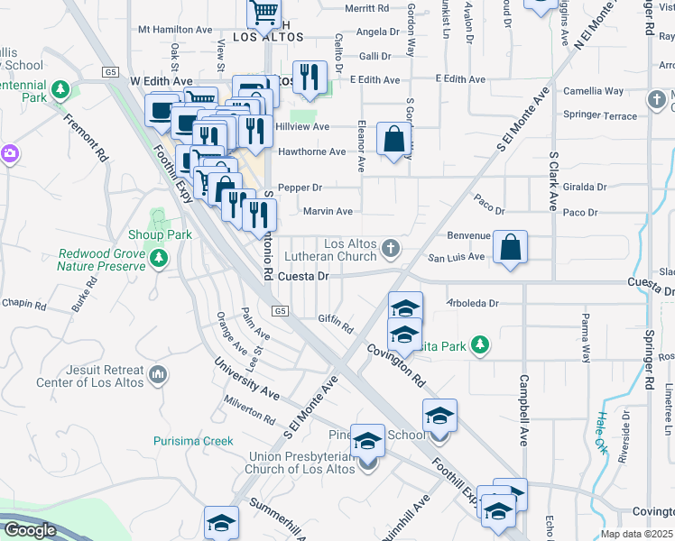 map of restaurants, bars, coffee shops, grocery stores, and more near 484 Gabilan Street in Los Altos