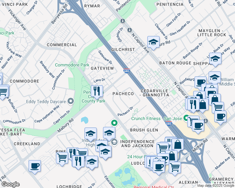 map of restaurants, bars, coffee shops, grocery stores, and more near 734 Webster Drive in San Jose