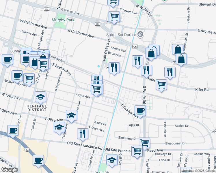 map of restaurants, bars, coffee shops, grocery stores, and more near 180 Elm Court in Sunnyvale