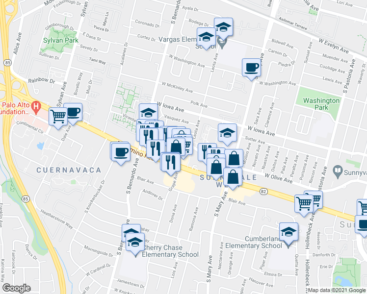 map of restaurants, bars, coffee shops, grocery stores, and more near 1120 West Olive Avenue in Sunnyvale