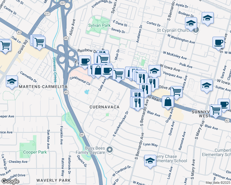 map of restaurants, bars, coffee shops, grocery stores, and more near 1015 Williams Way in Mountain View