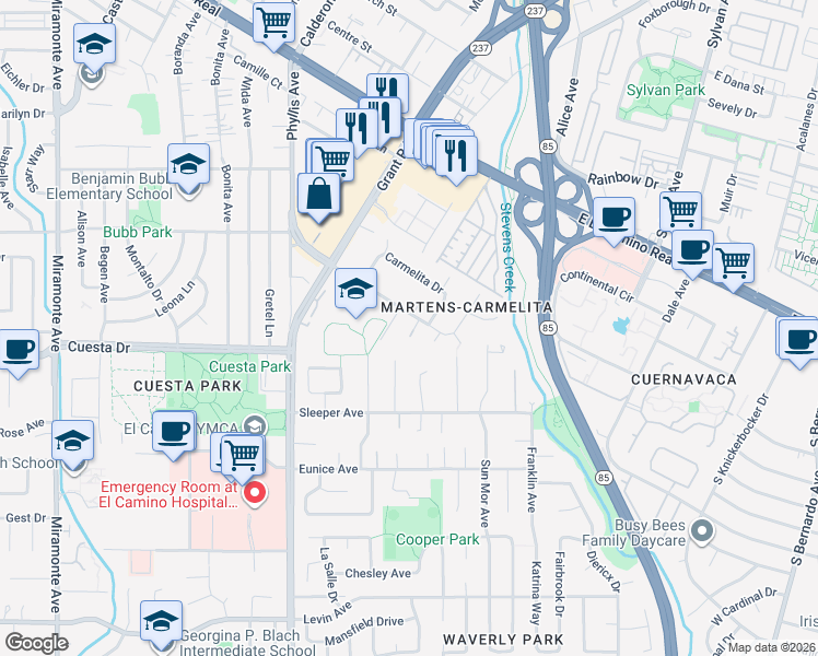 map of restaurants, bars, coffee shops, grocery stores, and more near 365 Martens Avenue in Mountain View