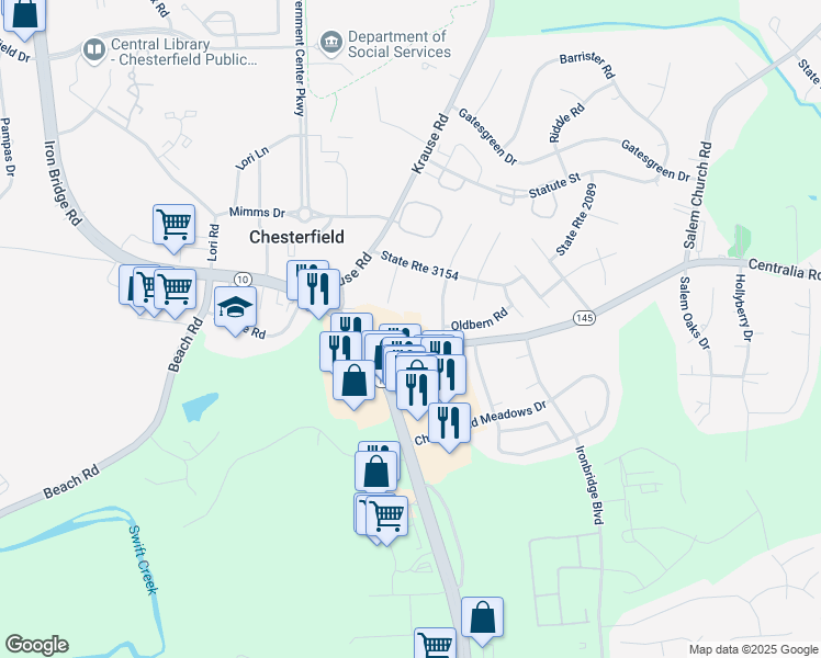 map of restaurants, bars, coffee shops, grocery stores, and more near 6400 Centralia Road in Chesterfield
