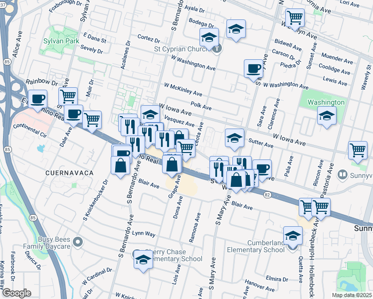 map of restaurants, bars, coffee shops, grocery stores, and more near 1120 West Olive Avenue in Sunnyvale