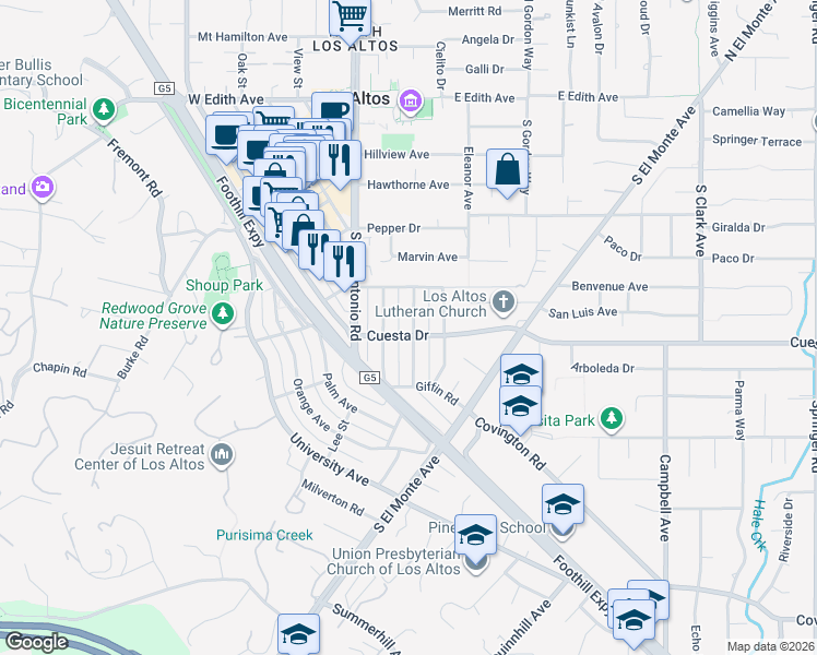 map of restaurants, bars, coffee shops, grocery stores, and more near 480 Lassen Street in Los Altos