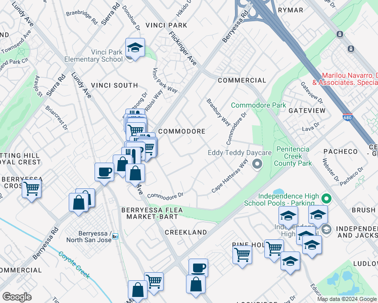 map of restaurants, bars, coffee shops, grocery stores, and more near 1885 Junesong Way in San Jose
