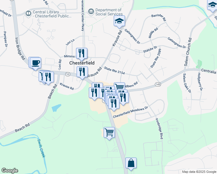 map of restaurants, bars, coffee shops, grocery stores, and more near 6400 Centralia Road in Chesterfield