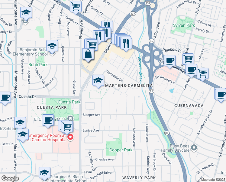 map of restaurants, bars, coffee shops, grocery stores, and more near 365 Martens Avenue in Mountain View