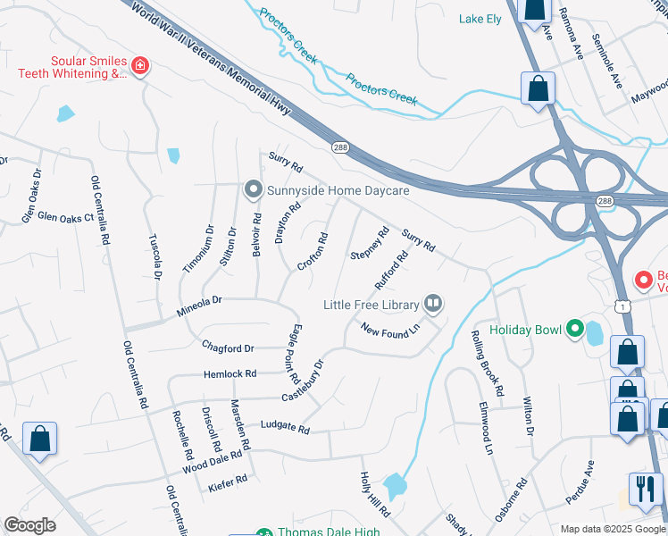 map of restaurants, bars, coffee shops, grocery stores, and more near 10910 Weybridge Road in Chester