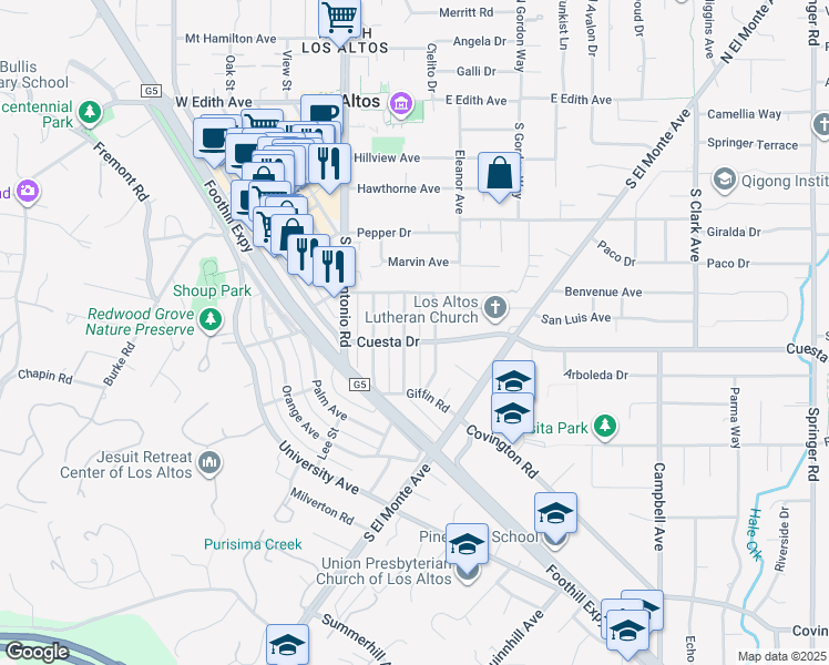 map of restaurants, bars, coffee shops, grocery stores, and more near 477 Lassen Street in Los Altos
