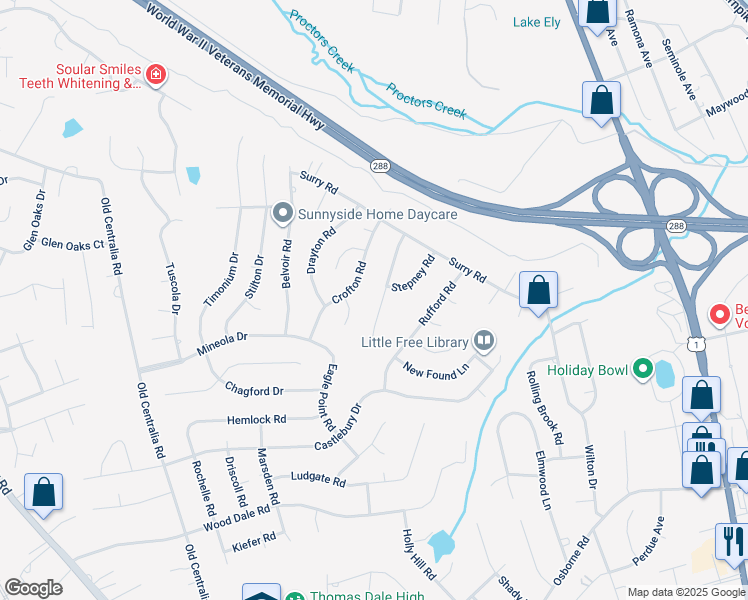 map of restaurants, bars, coffee shops, grocery stores, and more near 10910 Weybridge Road in Chester