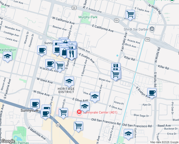 map of restaurants, bars, coffee shops, grocery stores, and more near 480 Lincoln Avenue in Sunnyvale