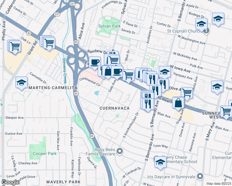 map of restaurants, bars, coffee shops, grocery stores, and more near Golf Court in Mountain View