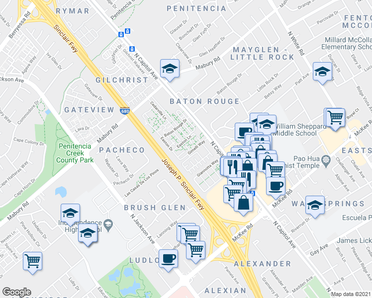 map of restaurants, bars, coffee shops, grocery stores, and more near 2606 Gimelli Way in San Jose