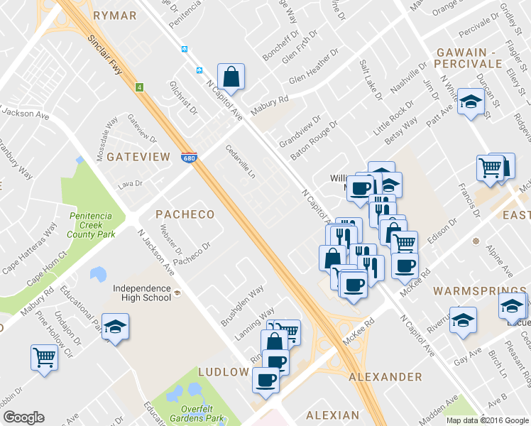 map of restaurants, bars, coffee shops, grocery stores, and more near 2523 Easton Lane in San Jose