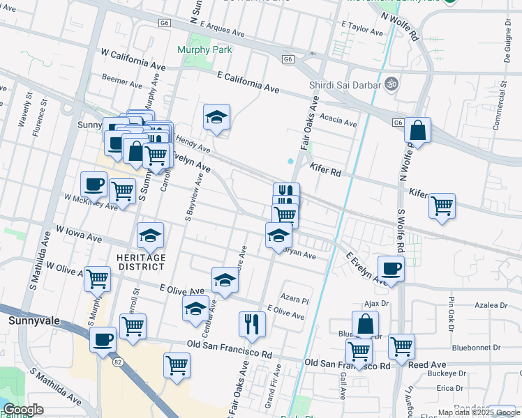 map of restaurants, bars, coffee shops, grocery stores, and more near 550 East Washington Avenue in Sunnyvale