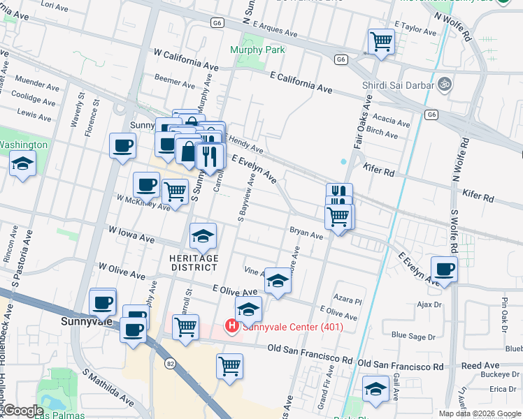 map of restaurants, bars, coffee shops, grocery stores, and more near 480 Lincoln Avenue in Sunnyvale