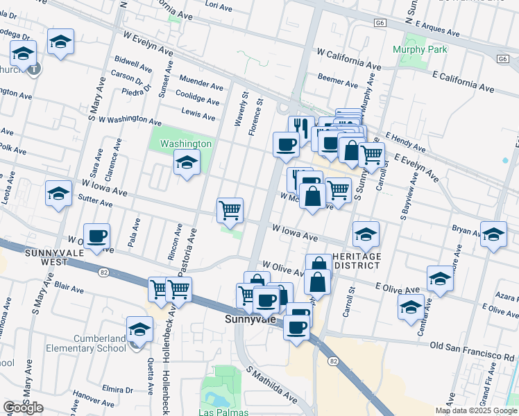 map of restaurants, bars, coffee shops, grocery stores, and more near in Sunnyvale