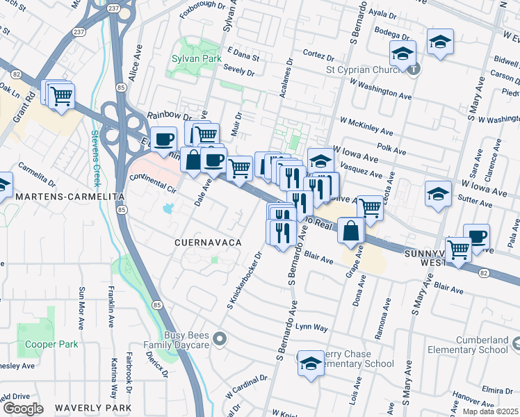 map of restaurants, bars, coffee shops, grocery stores, and more near 1031 Crestview Drive in Mountain View