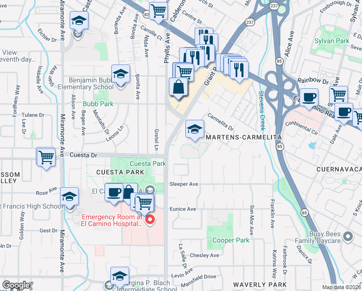 map of restaurants, bars, coffee shops, grocery stores, and more near 1697 Grant Road in Mountain View