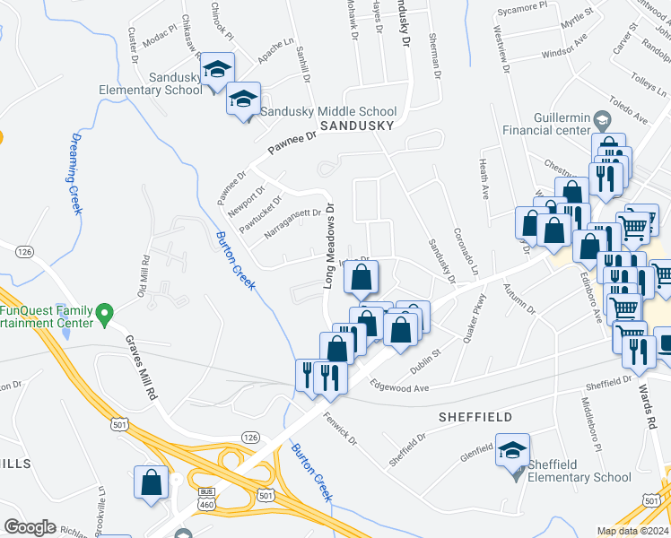 map of restaurants, bars, coffee shops, grocery stores, and more near 1144 Long Meadows Drive in Lynchburg