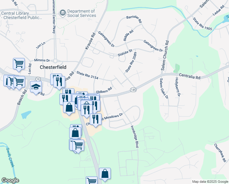 map of restaurants, bars, coffee shops, grocery stores, and more near 9912 Oldbern Court in Chesterfield