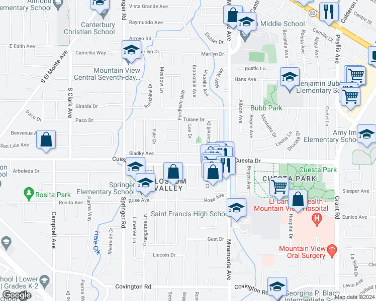 map of restaurants, bars, coffee shops, grocery stores, and more near 944 Sladky Avenue in Mountain View