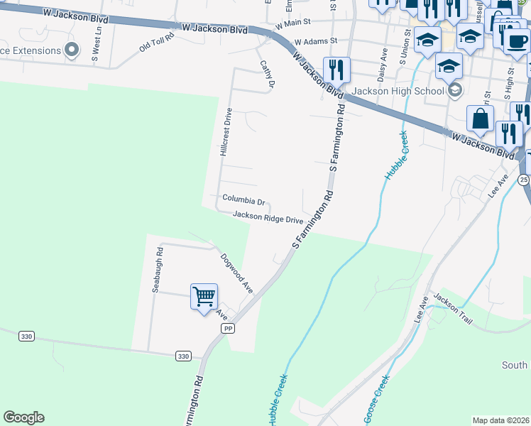 map of restaurants, bars, coffee shops, grocery stores, and more near 1655 Jackson Ridge Drive in Jackson