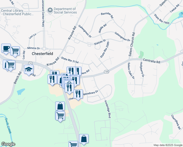 map of restaurants, bars, coffee shops, grocery stores, and more near 9912 Oldbern Court in Chesterfield