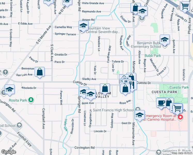 map of restaurants, bars, coffee shops, grocery stores, and more near 1691 Yale Drive in Mountain View