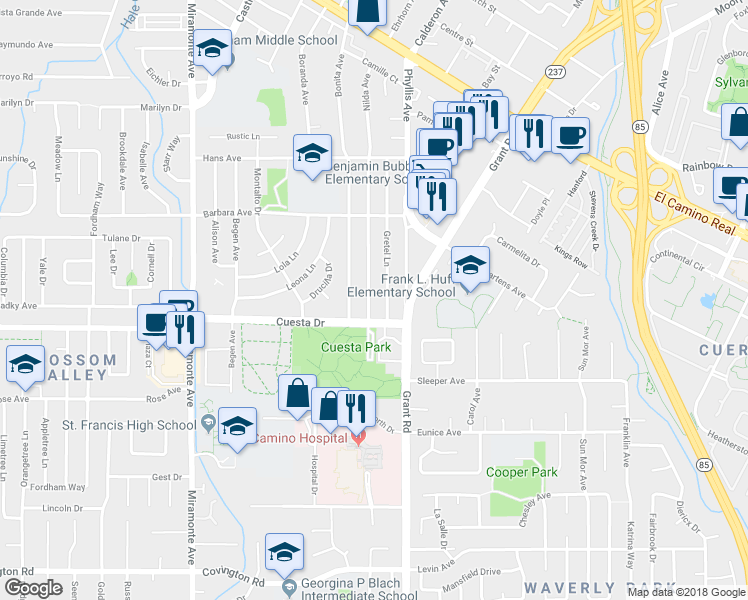 map of restaurants, bars, coffee shops, grocery stores, and more near 1647 Nilda Avenue in Mountain View