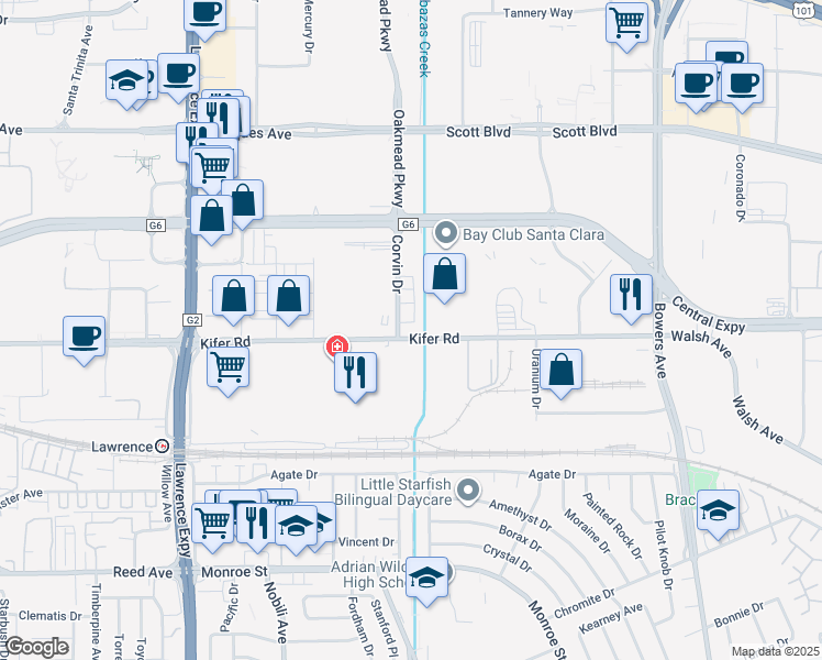 map of restaurants, bars, coffee shops, grocery stores, and more near 3305 Kifer Road in Santa Clara