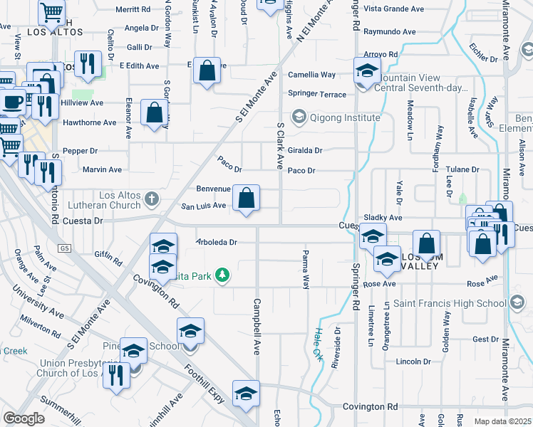 map of restaurants, bars, coffee shops, grocery stores, and more near 532 San Luis Avenue in Los Altos