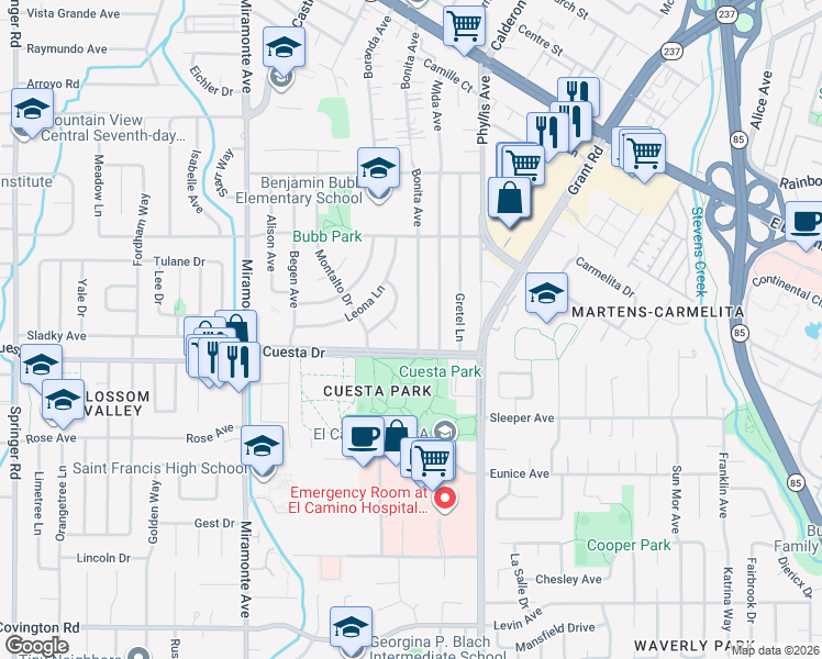 map of restaurants, bars, coffee shops, grocery stores, and more near 1646 Bonita Avenue in Mountain View