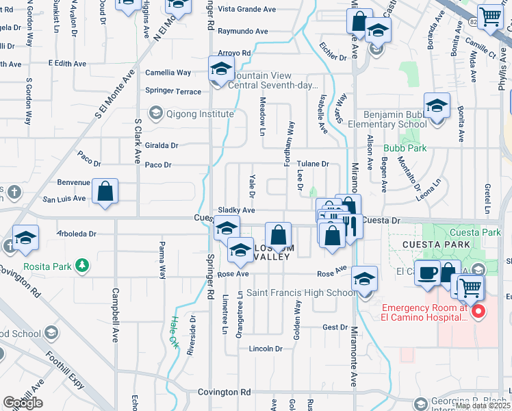 map of restaurants, bars, coffee shops, grocery stores, and more near 1691 Yale Drive in Mountain View