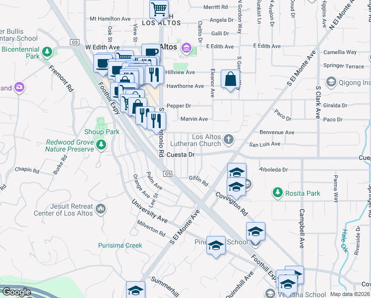 map of restaurants, bars, coffee shops, grocery stores, and more near 480 Lassen Street in Los Altos