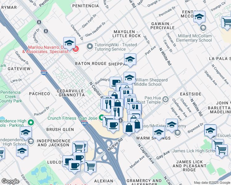map of restaurants, bars, coffee shops, grocery stores, and more near 450 North Capitol Avenue in San Jose