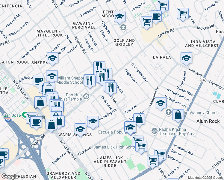 map of restaurants, bars, coffee shops, grocery stores, and more near 264 North White Road in San Jose