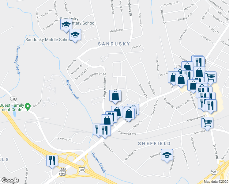 map of restaurants, bars, coffee shops, grocery stores, and more near 6052 Igloe Drive in Lynchburg